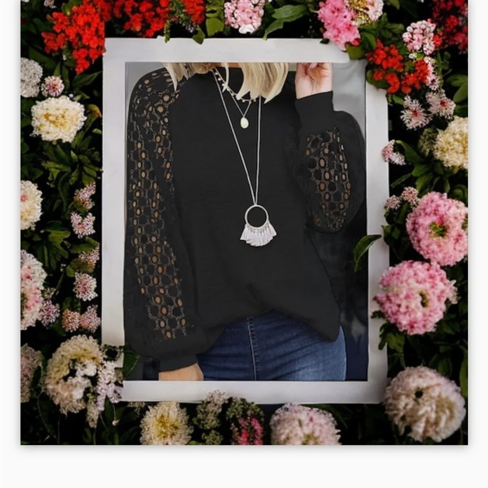 Micro star Women’s Black Lace-Crochet Detail on Sleeve Top -Sz Sm-NWOT🖤☀️ - Picture 7 of 10